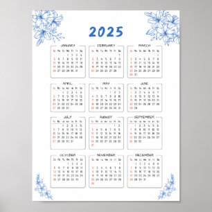Póster Poster floral azul del calendario de pared minimal