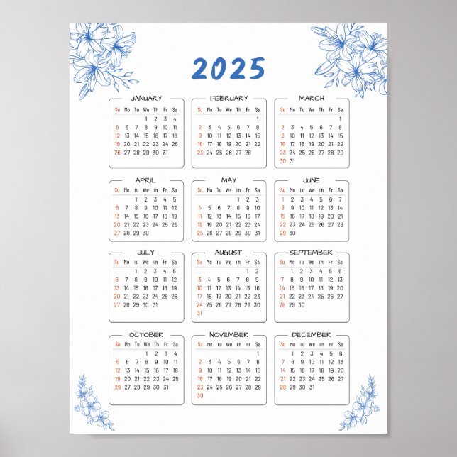 Póster Poster floral azul del calendario de pared minimal (Frente)