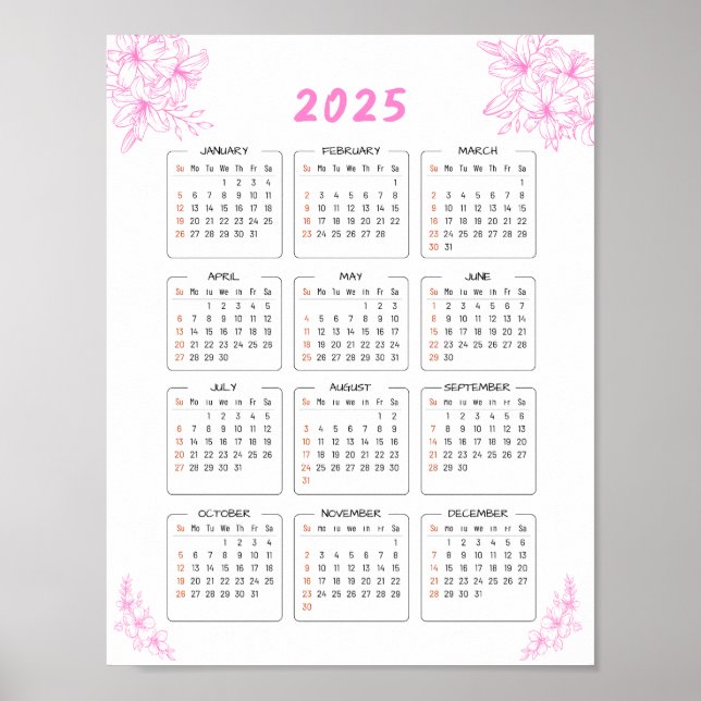 Póster Poster floral rosa del calendario de pared minimal (Frente)