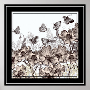 Póster Poster-Floral y mariposas