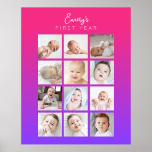 Póster Poster fotográfico de primer año del bebé, rosa mo