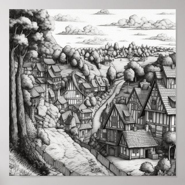 Póster Poster fresco de pueblo pequeño (Frente)