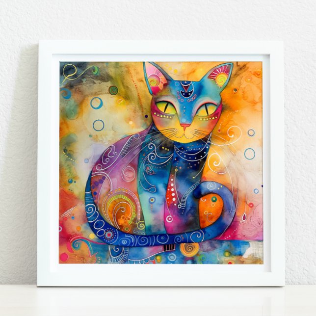 PÓSTER POSTER GATO COLORIDO Y BLANCO (WHIMSICAL COLORFUL CAT POSTER)