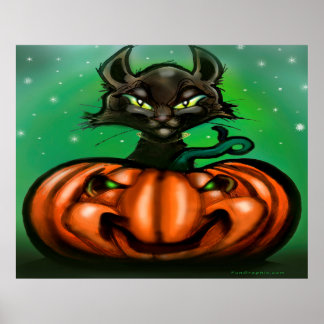 Póster Poster Gato negro y calabaza