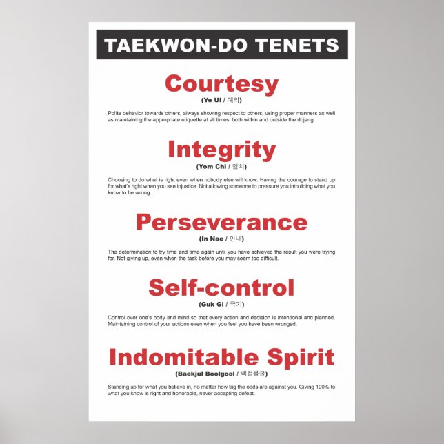 Póster poster genérico de preceptos de Taekwon-Do de 9 a  (Frente)