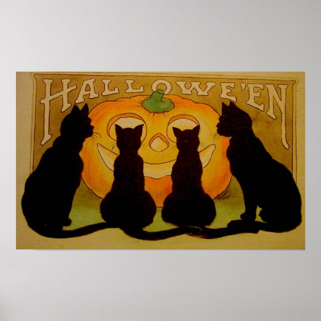 Póster Poster Halloween de la Calabaza de Gatos Negros (Frente)