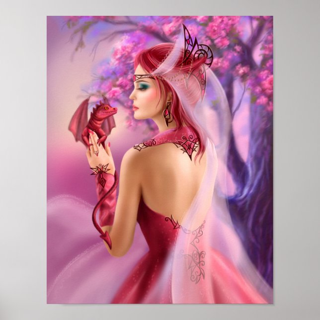 Póster Poster Hermosa mujer de fantasía reina y drago roj (Frente)