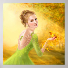 Póster Poster Hermosa mujer romántica y ave de fantasía
