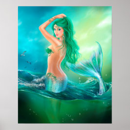 Póster Poster-Hermosa sirena en el océano en olas