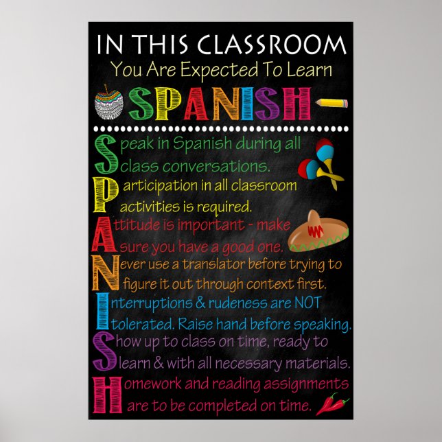 Póster Poster Imprimible de reglas de aulas de España (Frente)