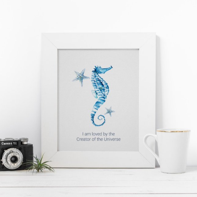 Póster Poster Inspirador del caballito de agua tropical (Wall art home decor ideas beach house watercolor seahorse)