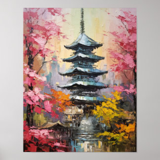 Póster Poster japonés de pintura de aceite de pagoda
