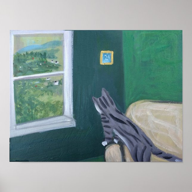 Póster Poster: la vista/ gato en servicio en la ventana (Frente)