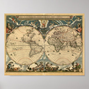 Póster Poster latino muy viejo del mapa del mundo