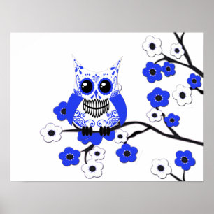 Póster Poster Lechuza de cerezo blanco azul