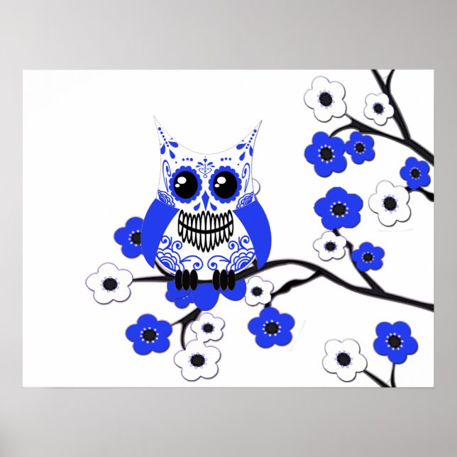 Póster Poster Lechuza de cerezo blanco azul (Frente)