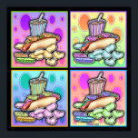 Póster Poster, lienzo - Pop Art Hot Dog con chile y un<br><div class="desc">No hay nada más Americana que un Perro Caliente y este PERRO POP ART HOT con patatas fritas, tajada de pimiento y refrescos fríos es mi tributo a la clásica comida rápida de la cultura pop. ¡Es un ilustracion genial para un perro caliente! ¡Diviértase y PERSONALICE sus compras con sus...</div>