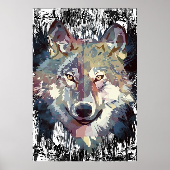 Póster Poster lobo - Poster de polígono de lobo retro (Frente)