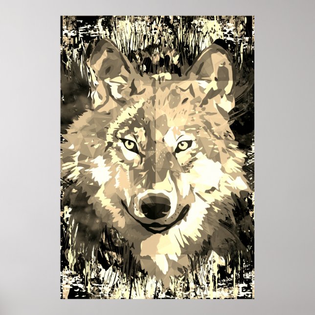 Póster Poster lobo - Poster del polígono de lobo de Sepia (Frente)