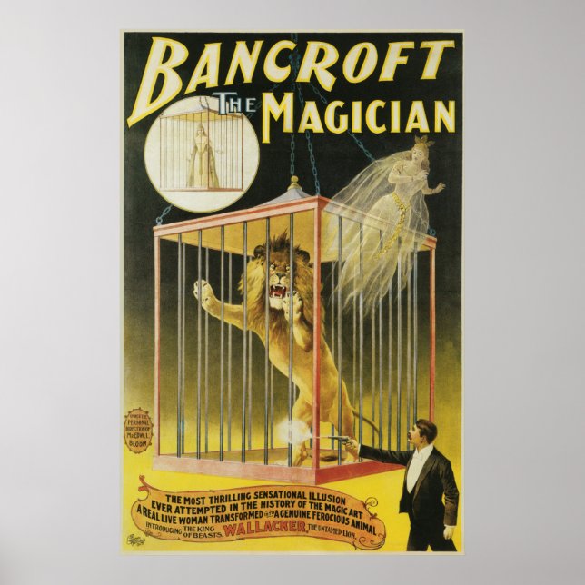 Póster Poster Mágico Vintage, Magician Bancroft y Lion (Frente)