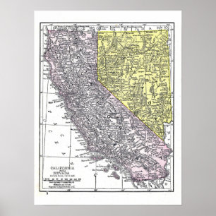 Póster Poster:  Mapa de California y de Nevada, 1921