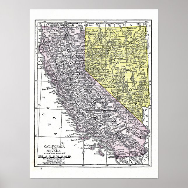 Póster Poster: Mapa de California y Nevada, 1921 (Frente)