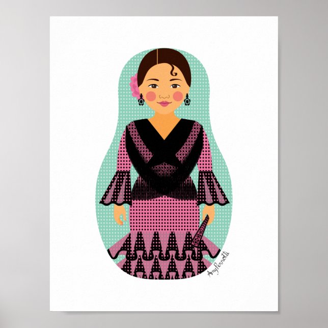 Póster Poster Matryoshka con vestido rosa español (Frente)