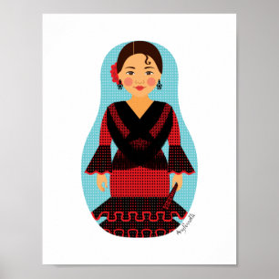 Póster Poster Matryoshka con vestimenta roja española