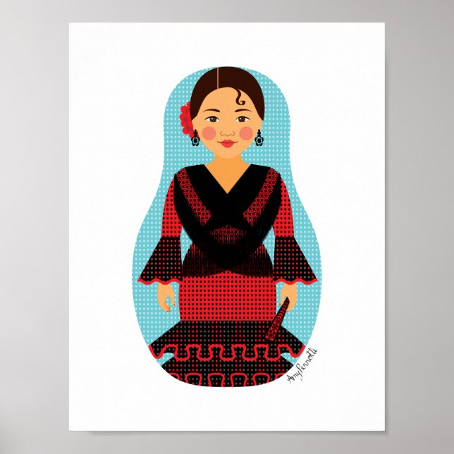 Póster Poster Matryoshka con vestimenta roja española (Frente)