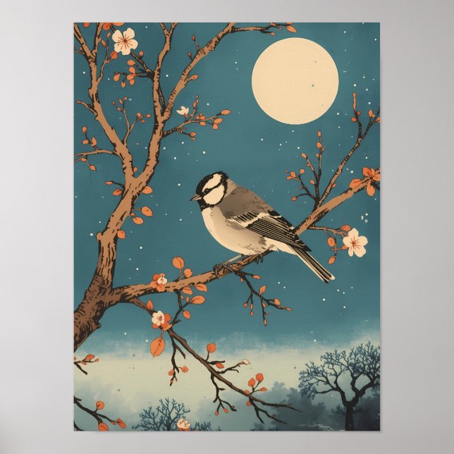 Póster Poster - Moonlit Bird on Blossom Branch (Frente)