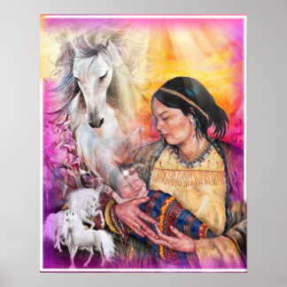 Póster Poster Mujer nativa norteamericana y caballos blan