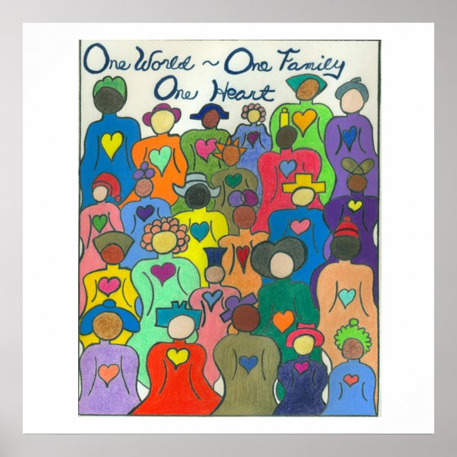 Póster Poster multicultural Un mundo, una familia, corazó (Frente)