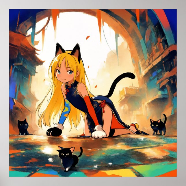 Póster Poster Mystical Neko Chica & Kittens Anime (Frente)