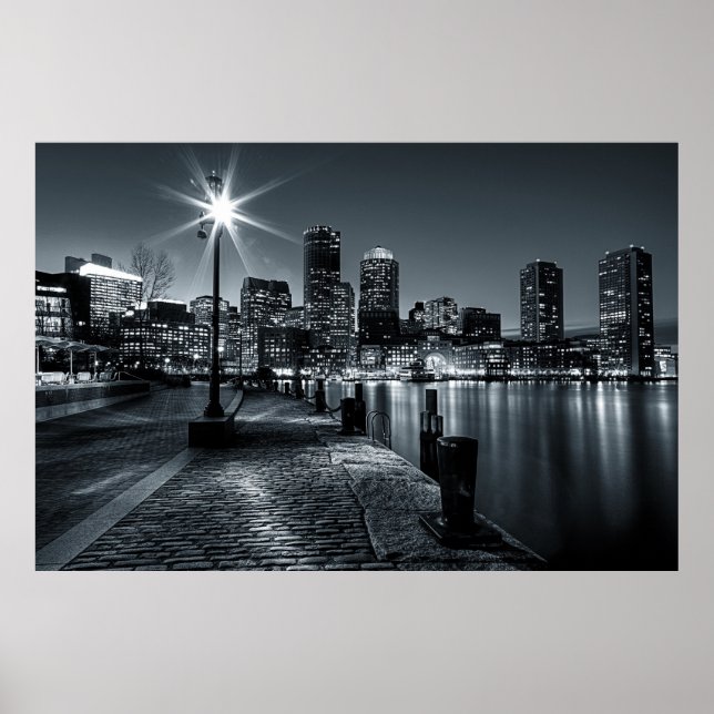 Póster Poster nocturno de Boston Harbour B&W (Frente)