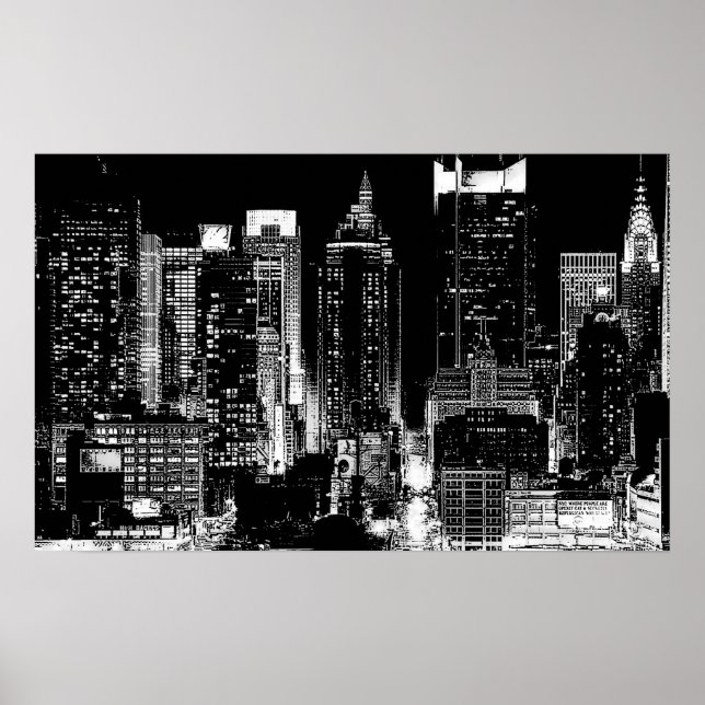 Póster Poster Nocturno de Nueva York Blanco y Negro (Frente)
