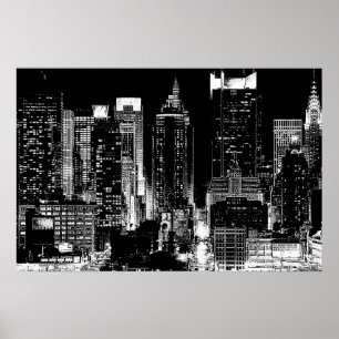 Póster Poster Nocturno de Nueva York Blanco y Negro