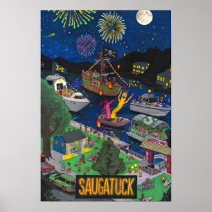 Póster Poster nocturno de Saugatuck (pequeño 13" x 19")