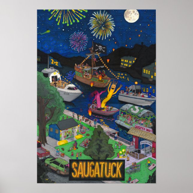 Póster Poster nocturno de Saugatuck (pequeño 13" x 19") (Frente)
