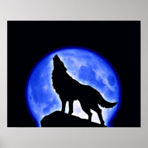 Póster Poster nocturno Wolf Howling Blue Full Moon