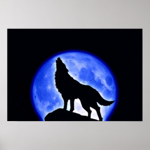 Póster Poster nocturno Wolf Howling Blue Full Moon