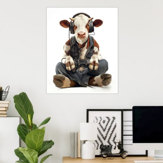 Póster Poster o descarga de salas de juegos de Gamer Cow  (Kids Canvas Print Funny Gamer Cow wearing headphones and playing video games)