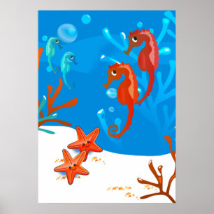 Póster Poster Océano Acuático Cute Seahorse Starfish