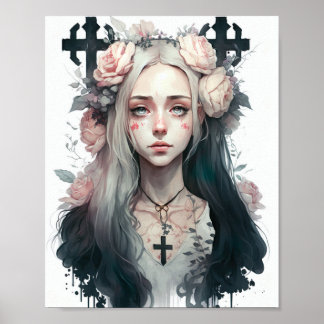 Póster Poster of a Creepy Girl - Gothic Flowers