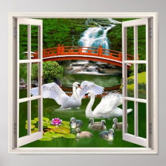PÓSTER POSTER ORIENTAL SWAN GARDEN FAKE WINDOW