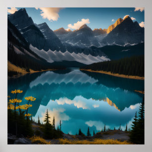 Póster Poster paisajístico de la montaña del lago de flor