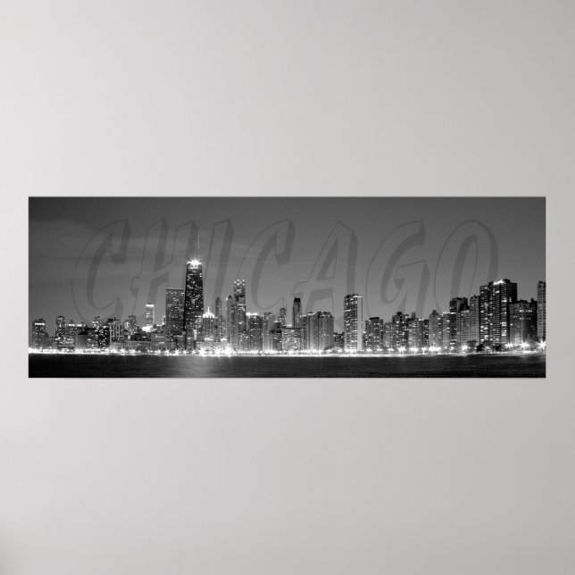 Póster Poster Panorámico del Skyline de Chicago de noche (Frente)