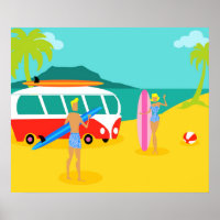 Poster Pareja de Surfista Retro