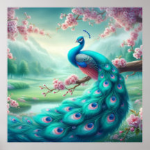Poster Peacock con flores de cerezo encantado