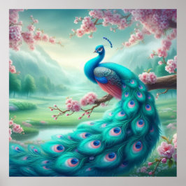 Póster Poster Peacock con flores de cerezo encantado