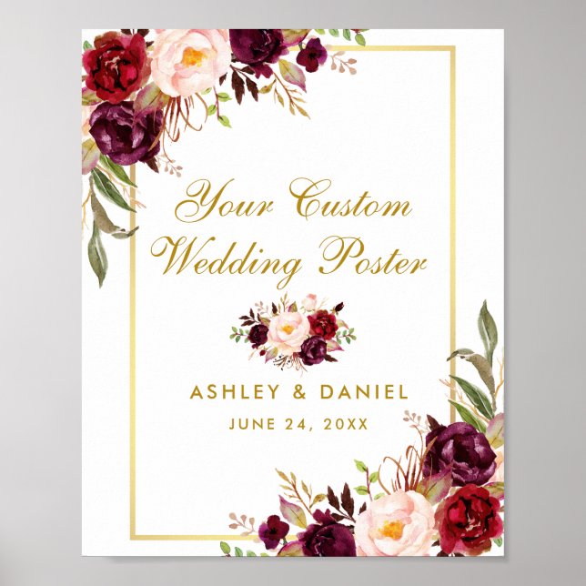 Póster Poster Personalizado Boda Floral Burgundy Gold (Frente)